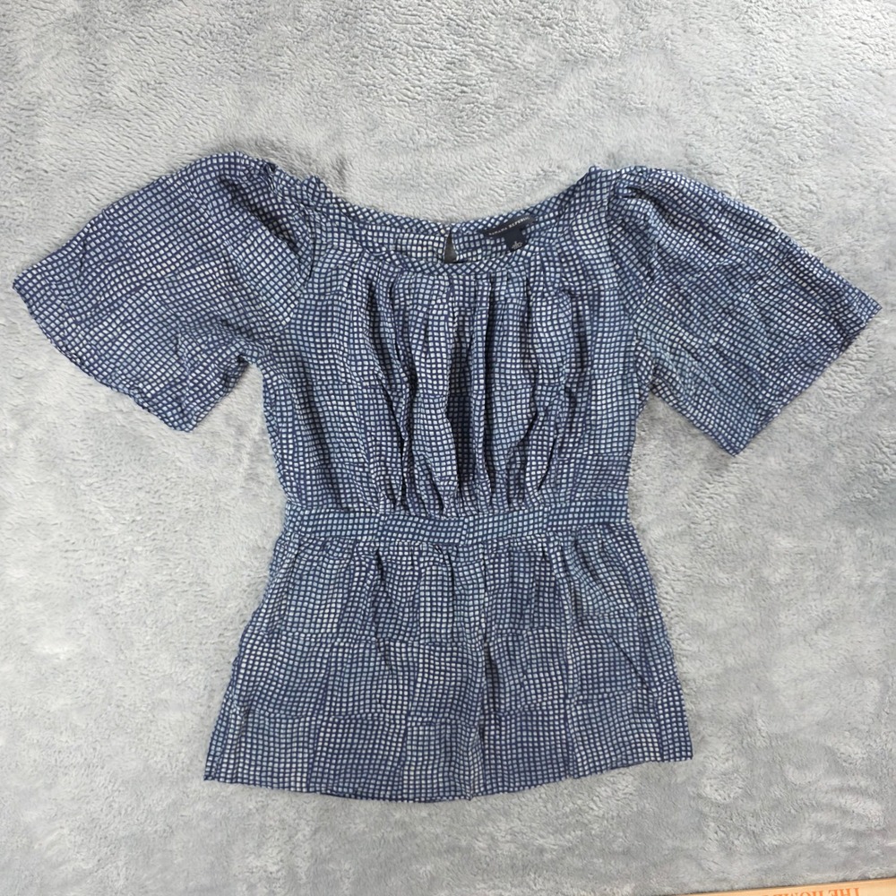 Banana Republic Women 2 Blue Grid Blouse Flutter Sleeve Geometric Peplum Top